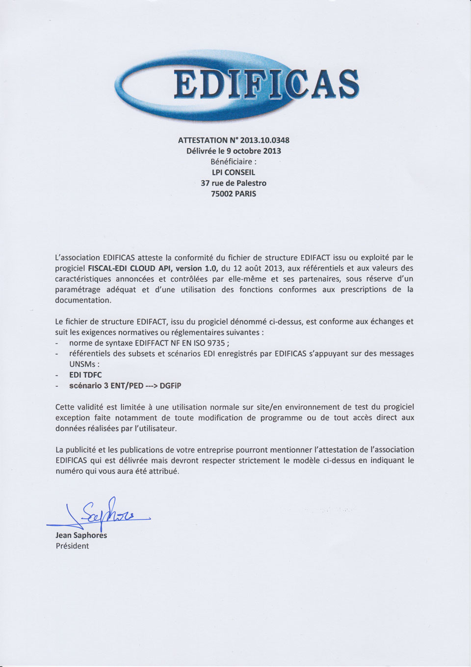 Attestation officielle EDIFICAS certifiant Teledec comme partenaire EDI agréé pour la télédéclaration fiscale en ligne