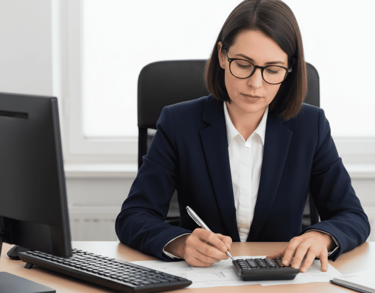 Femme cheffe d'entreprise ou experte-comptable calculant l'Impôt sur les Sociétés (IS) ou la TVA avec une calculatrice et des documents fiscaux sur un bureau. L'image illustre la gestion des déclarations fiscales des entreprises en France.