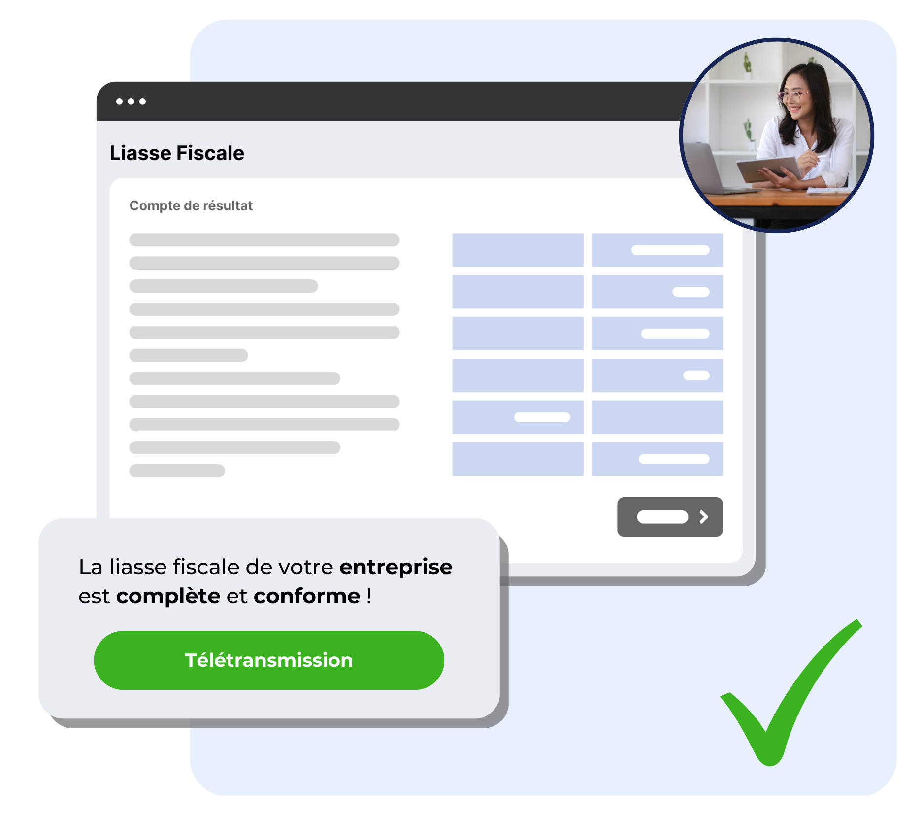 Illustration de l'écran de télédéclaration, montrant un formulaire fiscal et une coche verte, symbolisant que la déclaration est complète et conforme.